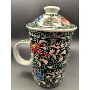 Ceramic Tea Mug With Lid & Infuser - Floral Pattern Black Base Porcelain